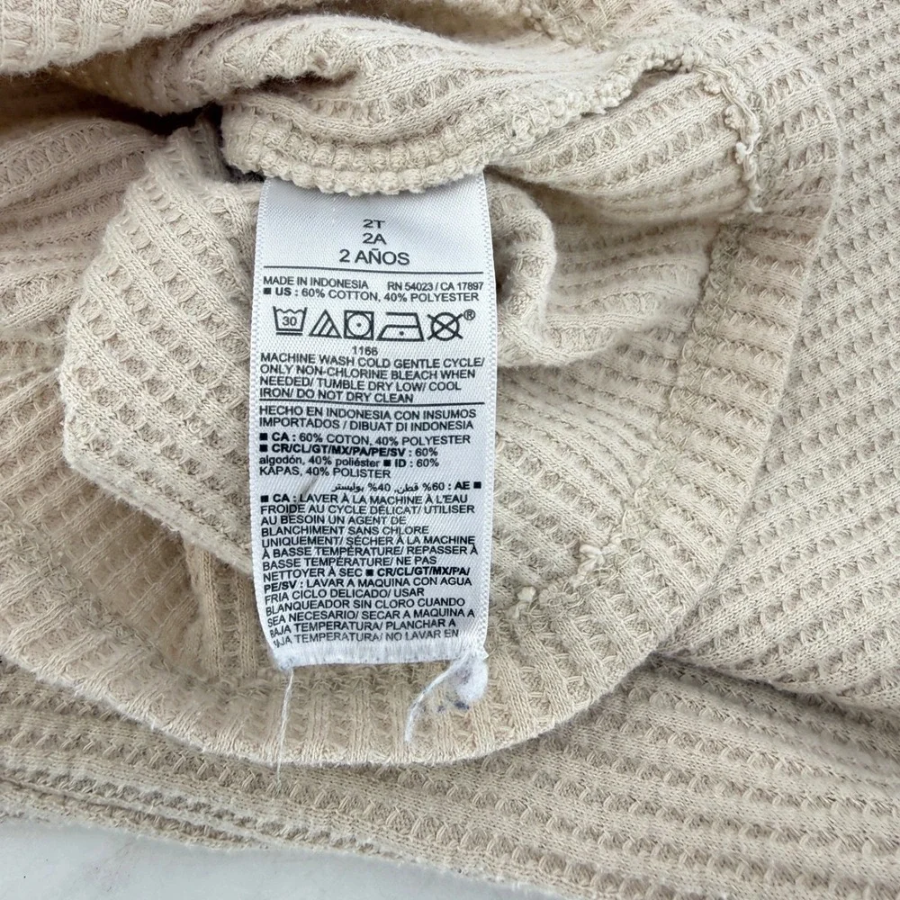Old Navy Kids Beige Waffle Knit Thermal Long Sleeve Shirt Elbow Patches 2T‎